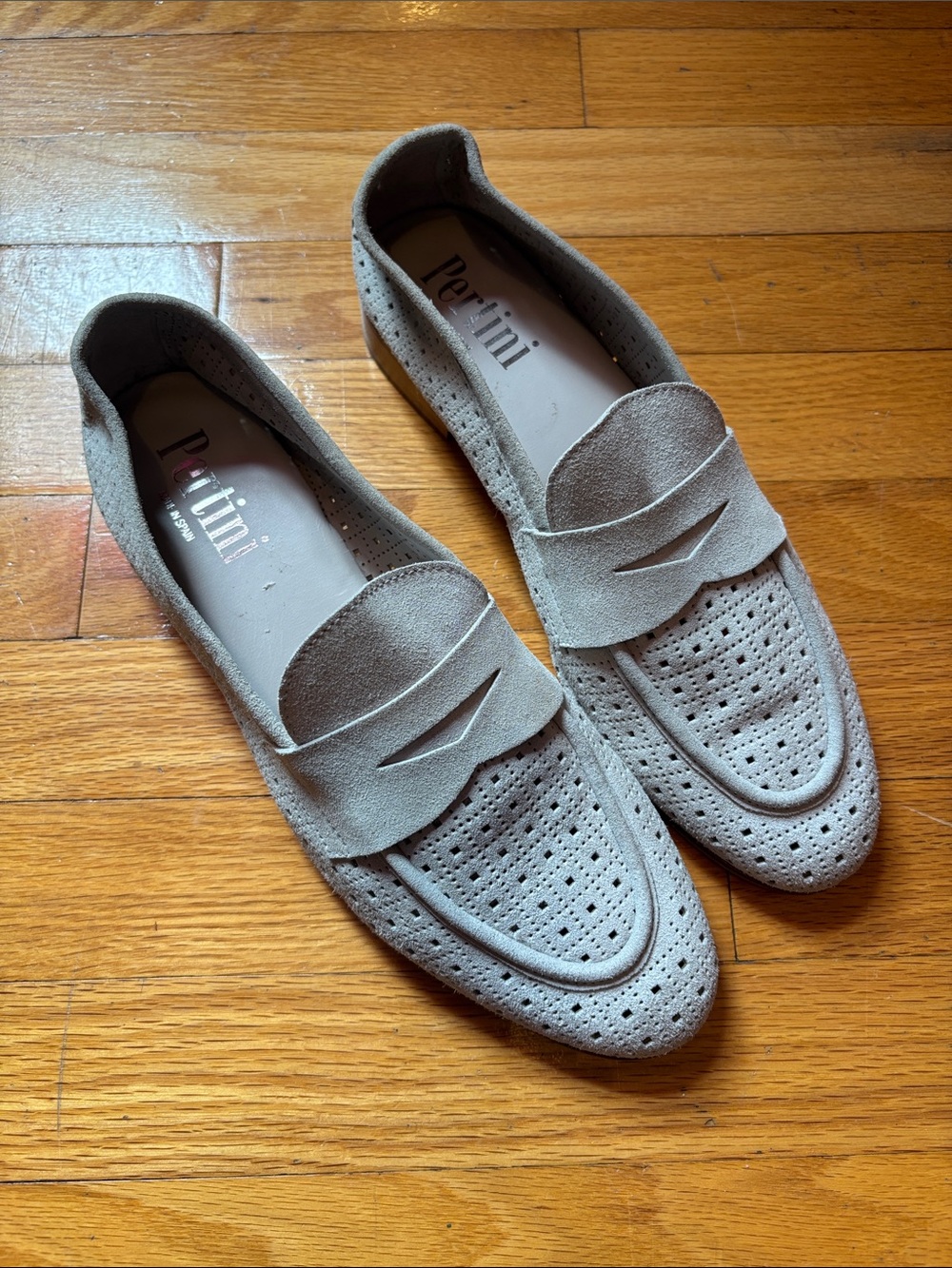 PERTINI Men's/Womans Suede Perforated Penny Loafers - powder blue grey